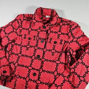 Charter Club Red & Black Chain Link Embroidered Denim Trucker Statement Jacket